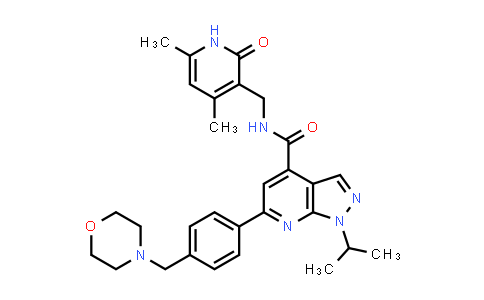CAS No. 1396770-08-3, 1H-Pyrazolo[3,4-b]pyridine-4-carboxamide, N-[(1,2-dihydro-4,6-dimethyl-2-oxo-3-pyridinyl)methyl]-1-(1-methylethyl)-6-[4-(4-morpholinylmethyl)phenyl]-