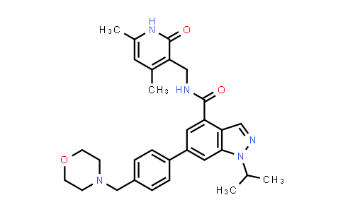 CAS No. 1396772-45-4, 1H-Indazole-4-carboxamide, N-[(1,2-dihydro-4,6-dimethyl-2-oxo-3-pyridinyl)methyl]-1-(1-methylethyl)-6-[4-(4-morpholinylmethyl)phenyl]-