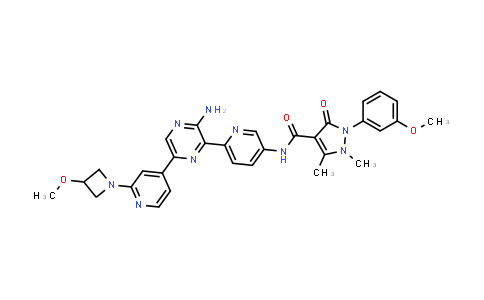 CAS No. 1398635-47-6, 1H-Pyrazole-4-carboxamide, N-[6-[3-amino-6-[2-(3-methoxy-1-azetidinyl)-4-pyridinyl]-2-pyrazinyl]-3-pyridinyl]-2,3-dihydro-2-(3-methoxyphenyl)-1,5-dimethyl-3-oxo-