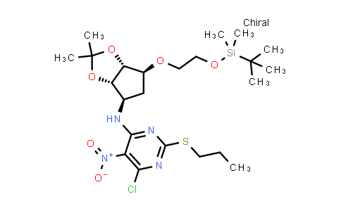 CAS No. 1400665-97-5, N-((3aS,4R,6S,6aR)-6-(2-((tert-butyldimethylsilyl)oxy)ethoxy)-2,2-dimethyltetrahydro-3aH-cyclopenta[d][1,3]dioxol-4-yl)-6-chloro-5-nitro-2-(propylthio)pyrimidin-4-amine