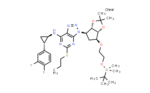 CAS No. 1400666-04-7, 3H-1,2,3-Triazolo[4,5-d]pyrimidin-7-amine, N-[(1R,2S)-2-(3,4-difluorophenyl)cyclopropyl]-3-[(3aS,4R,6S,6aR)-6-[2-[[(1,1-dimethylethyl)dimethylsilyl]oxy]ethoxy]tetrahydro-2,2-dimethyl-4H-cyclopenta-1,3-dioxol-4-yl]-5-(propylthio)-