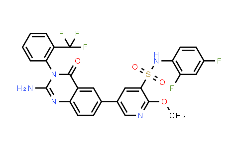 CAS No. 1402345-92-9, 3-Pyridinesulfonamide, 5-[2-amino-3,4-dihydro-4-oxo-3-[2-(trifluoromethyl)phenyl]-6-quinazolinyl]-N-(2,4-difluorophenyl)-2-methoxy-