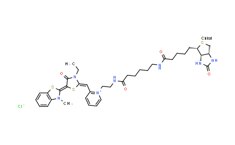 CAS No. 1415815-07-4, Pyridinium, 2-[[3-ethyl-5-(3-methyl-2(3H)-benzothiazolylidene)-4-oxo-2-thiazolidinylidene]methyl]-1-[2-[[6-[[5-[(3aS,4S,6aR)-hexahydro-2-oxo-1H-thieno[3,4-d]imidazol-4-yl]-1-oxopentyl]amino]-1-oxohexyl]amino]ethyl]-, chloride (1:1)
