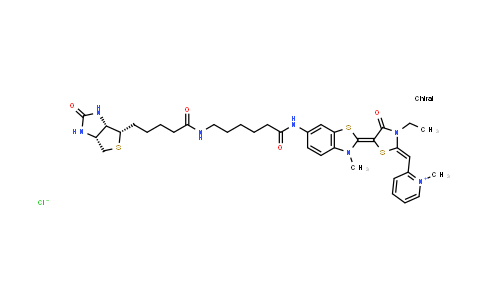 CAS No. 1415815-08-5, Pyridinium, 2-[[3-ethyl-5-[6-[[6-[[5-[(3aS,4S,6aR)-hexahydro-2-oxo-1H-thieno[3,4-d]imidazol-4-yl]-1-oxopentyl]amino]-1-oxohexyl]amino]-3-methyl-2(3H)-benzothiazolylidene]-4-oxo-2-thiazolidinylidene]methyl]-1-methyl-, chloride (1:1)