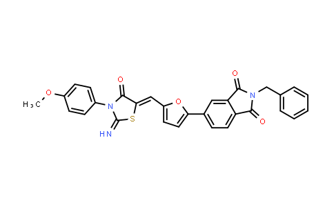 CAS No. 1420071-45-9, 1H-Isoindole-1,3(2H)-dione, 5-[5-[[2-imino-3-(4-methoxyphenyl)-4-oxo-5-thiazolidinylidene]methyl]-2-furanyl]-2-(phenylmethyl)-