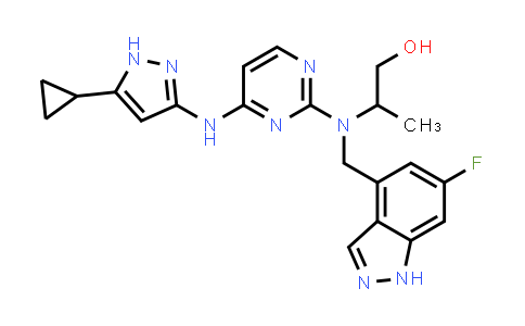 CAS No. 1425931-18-5, 1-Propanol, 2-[[4-[(5-cyclopropyl-1H-pyrazol-3-yl)amino]-2-pyrimidinyl][(6-fluoro-1H-indazol-4-yl)methyl]amino]-