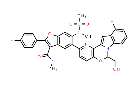 CAS No. 1427035-62-8, 3-Benzofurancarboxamide, 5-[11-fluoro-6-(hydroxymethyl)-6H-pyrido[2',3':5,6][1,3]oxazino[3,4-a]indol-2-yl]-2-(4-fluorophenyl)-N-methyl-6-[methyl(methylsulfonyl)amino]-