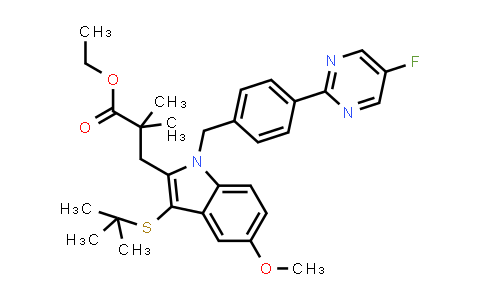 CAS No. 1431698-04-2, Ethyl 3-(3-(tert-Butylthio)-1-(4-(5-fluoropyrimidin-2-yl)benzyl)-5-methoxy-1H-indol-2-yl)-2,2-dimethylpropanoate