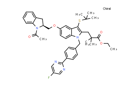 CAS No. 1431699-64-7, (S)-ethyl 3-(5-((1-acetylindolin-2-yl)methoxy)-3-(tert-butylthio)-1-(4-(5-fluoropyrimidin-2-yl)benzyl)-1H-indol-2-yl)-2,2-dimethylpropanoate