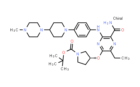 CAS No. 1448237-76-0, 1-Pyrrolidinecarboxylic acid, 3-[[5-(aminocarbonyl)-3-ethyl-6-[[4-[4-(4-methyl-1-piperazinyl)-1-piperidinyl]phenyl]amino]-2-pyrazinyl]oxy]-, 1,1-dimethylethyl ester, (3R)-