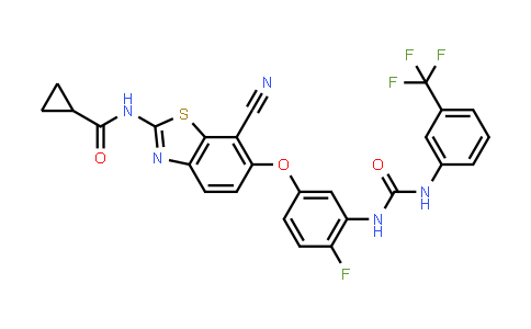 CAS No. 1448850-83-6, Cyclopropanecarboxamide, N-[7-cyano-6-[4-fluoro-3-[[[[3-(trifluoromethyl)phenyl]amino]carbonyl]amino]phenoxy]-2-benzothiazolyl]-