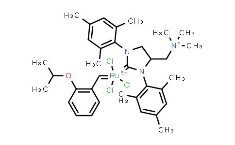 CAS No. 1452227-72-3, [1,3-Bis(2,4,6-trimethylphenyl)-4-[(trimethylammonio)methyl]imidazolidin-2-ylidene]-(2-i-propoxybenzylidene)dichlororuthenium(II) chloride