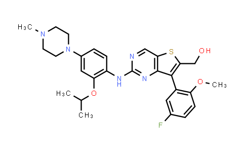 CAS No. 1462949-64-9, Thieno[3,2-d]pyrimidine-6-methanol, 7-(5-fluoro-2-methoxyphenyl)-2-[[2-(1-methylethoxy)-4-(4-methyl-1-piperazinyl)phenyl]amino]-