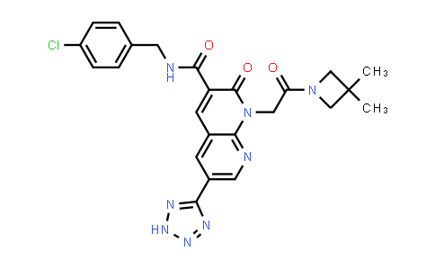CAS No. 1467689-48-0, 1,8-Naphthyridine-3-carboxamide, N-[(4-chlorophenyl)methyl]-1-[2-(3,3-dimethyl-1-azetidinyl)-2-oxoethyl]-1,2-dihydro-2-oxo-6-(2H-tetrazol-5-yl)-