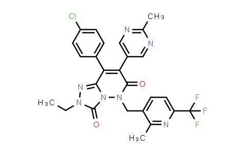 CAS No. 1494218-40-4, 1,2,4-Triazolo[4,3-b]pyridazine-3,6(2H,5H)-dione, 8-(4-chlorophenyl)-2-ethyl-7-(2-methyl-5-pyrimidinyl)-5-[[2-methyl-6-(trifluoromethyl)-3-pyridinyl]methyl]-