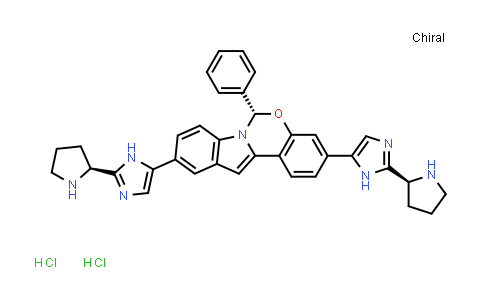 CAS No. 1585969-27-2, (S)-6-phenyl-3,10-bis(2-((S)-pyrrolidin-2-yl)-1H-imidazol-5-yl)-6H-benzo[5,6][1,3]oxazino[3,4-a]indole dihydrochloride