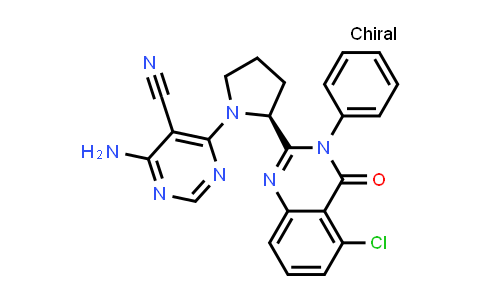 CAS No. 1623459-19-7, 5-Pyrimidinecarbonitrile, 4-amino-6-[(2S)-2-(5-chloro-3,4-dihydro-4-oxo-3-phenyl-2-quinazolinyl)-1-pyrrolidinyl]-