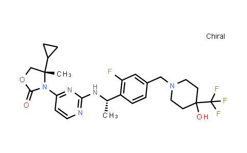 CAS No. 1628105-52-1, 2-Oxazolidinone, 4-cyclopropyl-3-[2-[[(1S)-1-[2-fluoro-4-[[4-hydroxy-4-(trifluoromethyl)-1-piperidinyl]methyl]phenyl]ethyl]amino]-4-pyrimidinyl]-4-methyl-, (4S)-