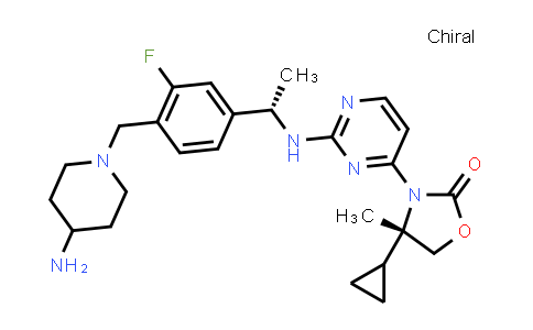 CAS No. 1628105-61-2, 2-Oxazolidinone, 3-[2-[[(1S)-1-[4-[(4-amino-1-piperidinyl)methyl]-3-fluorophenyl]ethyl]amino]-4-pyrimidinyl]-4-cyclopropyl-4-methyl-, (4S)-