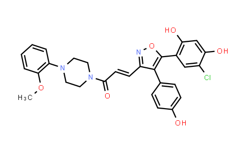 CAS No. 1639430-28-6, 2-Propen-1-one, 3-[5-(5-chloro-2,4-dihydroxyphenyl)-4-(4-hydroxyphenyl)-3-isoxazolyl]-1-[4-(2-methoxyphenyl)-1-piperazinyl]-, (2E)-