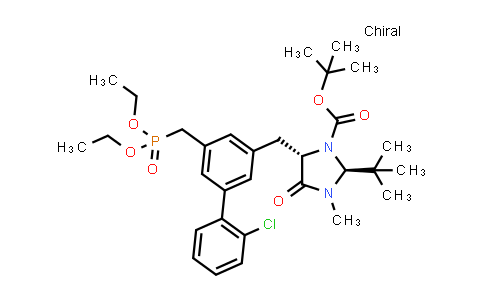 CAS No. 174575-08-7, 1-Imidazolidinecarboxylic acid, 5-[[2'-chloro-5-[(diethoxyphosphinyl)methyl][1,1'-biphenyl]-3-yl]methyl]-2-(1,1-dimethylethyl)-3-methyl-4-oxo-, 1,1-dimethylethyl ester, (2S-trans)- (9CI)