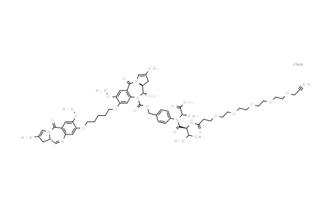 CAS No. 1809081-15-9, (11S,11aS)-4-((S)-N-((S)-1-amino-1-oxopropan-2-yl)-2-isopropyl-4-oxo-7,10,13,16,19-pentaoxa-3-azadocos-21-ynamido)benzyl 11-hydroxy-7-methoxy-8-((5-(((S)-7-methoxy-2-methyl-5-oxo-5,11a-dihydro-1H-benzo[e]pyrrolo[1,2-a][1,4]diazepin-8-yl)oxy)pentyl)oxy)-2-methyl-5-oxo-11,11a-dihydro-1H-benzo[e]pyrrolo[1,2-a][1,4]diazepine-10(5H)-carboxylate