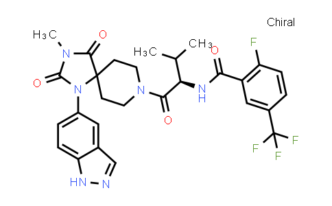 CAS No. 1815589-34-4, Benzamide, 2-fluoro-N-[(1R)-1-[[1-(1H-indazol-5-yl)-3-methyl-2,4-dioxo-1,3,8-triazaspiro[4.5]dec-8-yl]carbonyl]-2-methylpropyl]-5-(trifluoromethyl)-