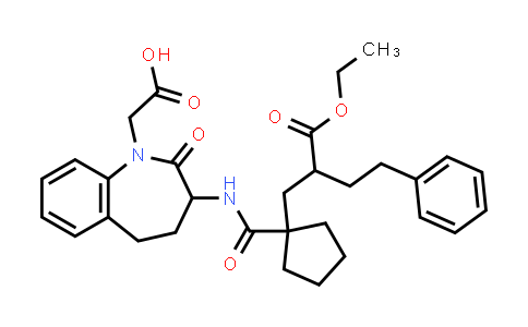 CAS No. 182560-84-5, 1H-1-Benzazepine-1-acetic acid, 3-[[[1-[2-(ethoxycarbonyl)-4-phenylbutyl]cyclopentyl]carbonyl]amino]-2,3,4,5-tetrahydro-2-oxo-