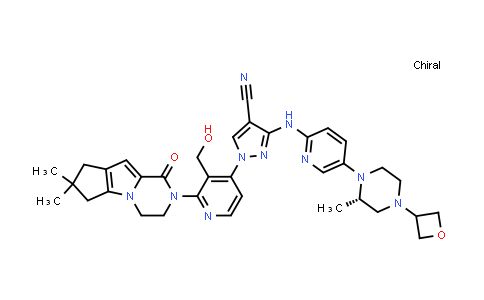 CAS No. 1895867-94-3, 1H-Pyrazole-4-carbonitrile, 1-[2-(1,3,4,6,7,8-hexahydro-7,7-dimethyl-1-oxo-2H-cyclopenta[4,5]pyrrolo[1,2-a]pyrazin-2-yl)-3-(hydroxymethyl)-4-pyridinyl]-3-[[5-[(2S)-2-methyl-4-(3-oxetanyl)-1-piperazinyl]-2-pyridinyl]amino]-