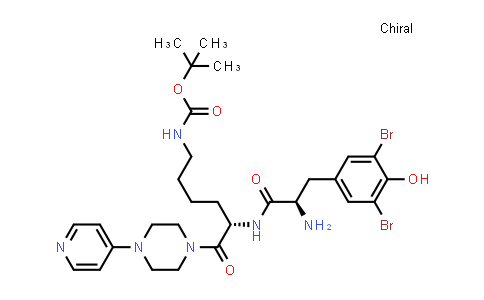 CAS No. 204693-44-7, tert-Butyl ((S)-5-((R)-2-amino-3-(3,5-dibromo-4-hydroxyphenyl)propanamido)-6-oxo-6-(4-(pyridin-4-yl)piperazin-1-yl)hexyl)carbamate