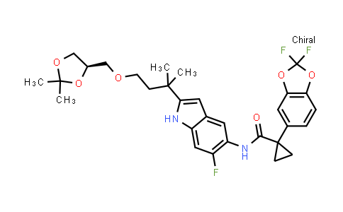 CAS No. 2102410-32-0, (R)-1-(2,2-difluorobenzo[d][1,3]dioxol-5-yl)-N-(2-(4-((2,2-dimethyl-1,3-dioxolan-4-yl)methoxy)-2-methylbutan-2-yl)-6-fluoro-1H-indol-5-yl)cyclopropanecarboxamide