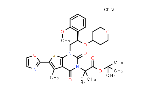 CAS No. 2131091-32-0, (R)-tert-butyl 2-(1-(2-(2-methoxyphenyl)-2-((tetrahydro-2H-pyran-4-yl)oxy)ethyl)-5-methyl-6-(oxazol-2-yl)-2,4-dioxo-1,2-dihydrothieno[2,3-d]pyrimidin-3(4H)-yl)-2-methylpropanoate