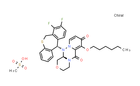 CAS No. 2136287-70-0, (R)-12-((S)-7,8-Difluoro-6,11-dihydrodibenzo[b,e]thiepin-11-yl)-7-(hexyloxy)-3,4,12,12a-tetrahydro-1H-[1,4]oxazino[3,4-c]pyrido[2,1-f][1,2,4]triazine-6,8-dione methanesulfonate