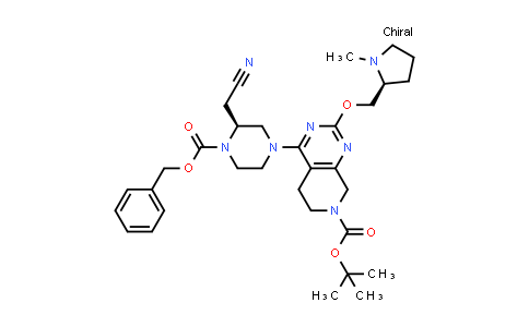 CAS No. 2158302-04-4, tert-Butyl 4-((S)-4-((benzyloxy)carbonyl)-3-(cyanomethyl)piperazin-1-yl)-2-(((S)-1-methylpyrrolidin-2-yl)methoxy)-5,6-dihydropyrido[3,4-d]pyrimidine-7(8H)-carboxylate