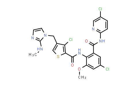 CAS No. 229336-92-9, 2-Thiophenecarboxamide, 3-chloro-N-[4-chloro-2-[[(5-chloro-2-pyridinyl)amino]carbonyl]-6-methoxyphenyl]-4-[[2-(methylamino)-1H-imidazol-1-yl]methyl]-