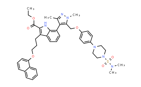 CAS No. 2351218-69-2, Ethyl 7-(5-((4-(4-(N,N-dimethylsulfamoyl)piperazin-1-yl)phenoxy)methyl)-1,3-dimethyl-1H-pyrazol-4-yl)-3-(3-(naphthalen-1-yloxy)propyl)-1H-indole-2-carboxylate