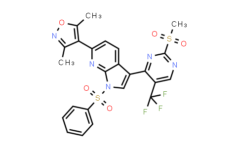 CAS No. 2365230-38-0, 3,5-Dimethyl-4-(3-(2-(methylsulfonyl)-5-(trifluoromethyl)pyrimidin-4-yl)-1-(phenylsulfonyl)-1H-pyrrolo[2,3-b]pyridin-6-yl)isoxazole