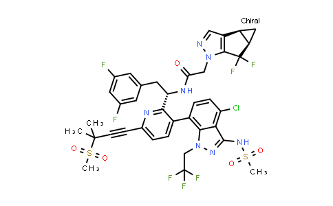 CAS No. 2375019-65-9, N-((S)-1-(3-(4-Chloro-3-(methylsulfonamido)-1-(2,2,2-trifluoroethyl)-1H-indazol-7-yl)-6-(3-methyl-3-(methylsulfonyl)but-1-yn-1-yl)pyridin-2-yl)-2-(3,5-difluorophenyl)ethyl)-2-((3bS,4aR)-5,5-difluoro-3b,4,4a,5-tetrahydro-1H-cyclopropa[3,4]cyclopenta[1,2-c]pyrazol-1-yl)acetamide