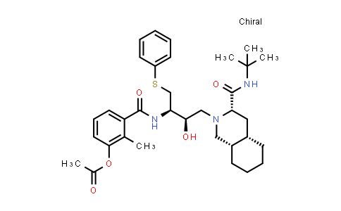 CAS No. 245414-50-0, 3-(((2R,3R)-4-((3S,4aS,8aS)-3-(tert-butylcarbamoyl)octahydroisoquinolin-2(1H)-yl)-3-hydroxy-1-(phenylthio)butan-2-yl)carbamoyl)-2-methylphenyl acetate