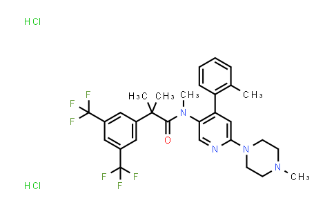 CAS No. 290296-54-7, Benzeneacetamide, N,α,α-trimethyl-N-[4-(2-methylphenyl)-6-(4-methyl-1-piperazinyl)-3-pyridinyl]-3,5-bis(trifluoromethyl)-, hydrochloride (1:2)