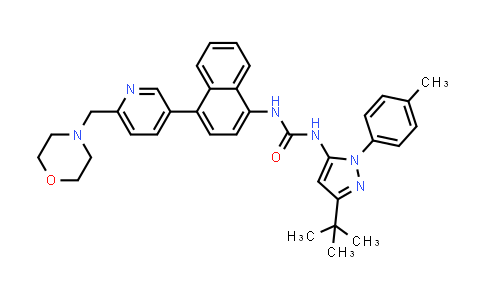 CAS No. 294848-51-4, Urea, N-[3-(1,1-dimethylethyl)-1-(4-methylphenyl)-1H-pyrazol-5-yl]-N'-[4-[6-(4-morpholinylmethyl)-3-pyridinyl]-1-naphthalenyl]-
