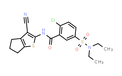 CAS No. 330209-89-7, 2-chloro-N-(3-cyano-5,6-dihydro-4H-cyclopenta[b]thiophen-2-yl)-5-(N,N-diethylsulfamoyl)benzamide