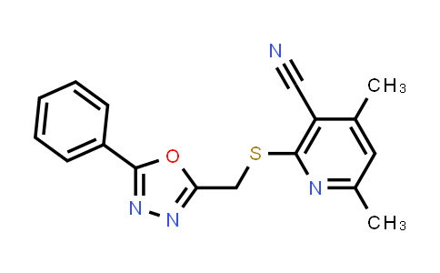 CAS No. 332949-78-7, 4,6-Dimethyl-2-(((5-phenyl-1,3,4-oxadiazol-2-yl)methyl)thio)nicotinonitrile