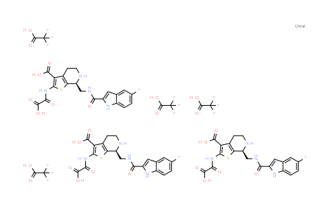 CAS No. 390426-30-9, Thieno[2,3-c]pyridine-3-carboxylic acid, 2-[(carboxycarbonyl)amino]-7-[[[(5-fluoro-1H-indol-2-yl)carbonyl]amino]methyl]-4,5,6,7-tetrahydro-, (7S)-, 2,2,2-trifluoroacetate (3:4)