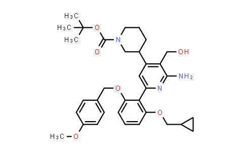 CAS No. 406212-99-5, tert-butyl 3-(2-amino-6-(2-(cyclopropylmethoxy)-6-(4-methoxybenzyloxy)phenyl)-3-(hydroxymethyl)pyridin-4-yl)piperidine-1-carboxylate