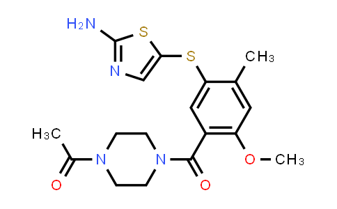 CAS No. 439578-98-0, 1-(4-(5-(2-Aminothiazol-5-ylthio)-2-methoxy-4-methylbenzoyl)piperazin-1-yl)ethanone