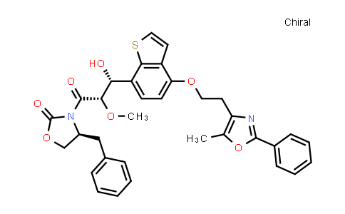 MC555941 | 475480-87-6 | 2-Oxazolidinone, 3-[(2S,3R)-3-hydroxy-2-methoxy-3-[4-[2-(5-methyl-2-phenyl-4-oxazolyl)ethoxy]benzo[b]thien-7-yl]-1-oxopropyl]-4-(phenylmethyl)-, (4S)-