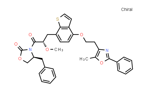 CAS No. 475480-89-8, 2-Oxazolidinone, 3-[(2S)-2-methoxy-3-[4-[2-(5-methyl-2-phenyl-4-oxazolyl)ethoxy]benzo[b]thien-7-yl]-1-oxopropyl]-4-(phenylmethyl)-, (4S)-