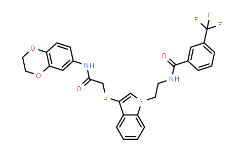 CAS No. 497072-84-1, Benzamide, N-[2-[3-[[2-[(2,3-dihydro-1,4-benzodioxin-6-yl)amino]-2-oxoethyl]thio]-1H-indol-1-yl]ethyl]-3-(trifluoromethyl)-