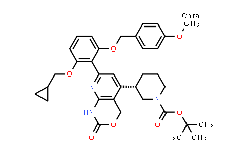 CAS No. 600734-04-1, 1-Piperidinecarboxylic acid, 3-[7-[2-(cyclopropylmethoxy)-6-[(4-methoxyphenyl)methoxy]phenyl]-1,4-dihydro-2-oxo-2H-pyrido[2,3-d][1,3]oxazin-5-yl]-, 1,1-dimethylethyl ester, (3S)-